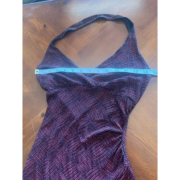 Vintage Hourglass Red& Black Sparkle Knit Asymmetrical Bodycon Halter Dress - Picture 9 of 10
